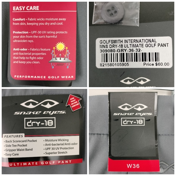 NWT Skake Eyes Performance Golf Wear Dry-18 Ultimate Golf Pant in Gray Sz. 36x32 - Picture 9 of 14